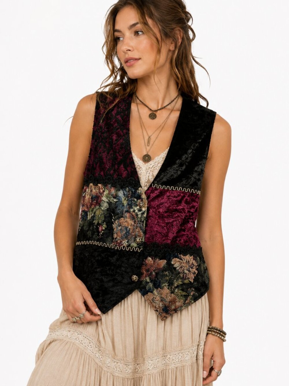 Vintage Judy Knapp Velvet Tapestry Vest Floral Lace Boho USA Women M